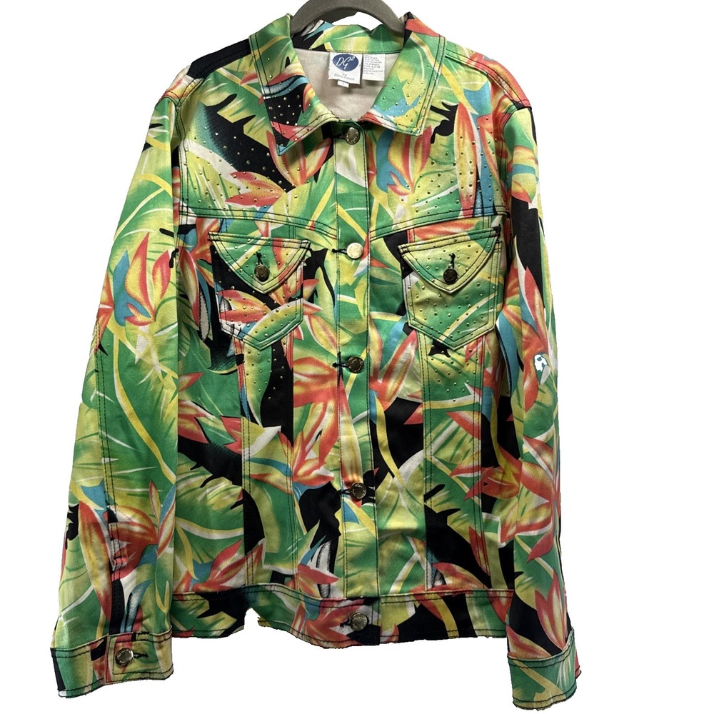DG2 Diane Gillman Women's Jacket Size Large Colorful Tropical Long Sleeve Button